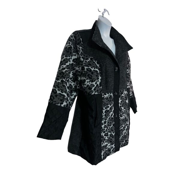 Midnight Velvet Quilted Mixed Media Gray Black Leopard Thigh Length Jacket - Picture 6 of 15